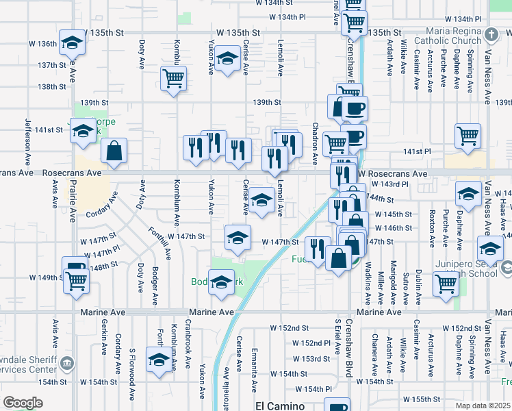 map of restaurants, bars, coffee shops, grocery stores, and more near 14428 Cerise Avenue in Hawthorne