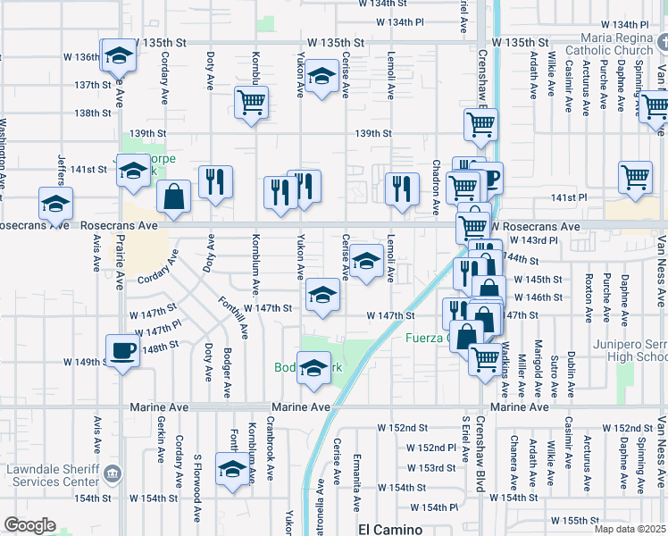 map of restaurants, bars, coffee shops, grocery stores, and more near 14501 Cerise Avenue in Hawthorne