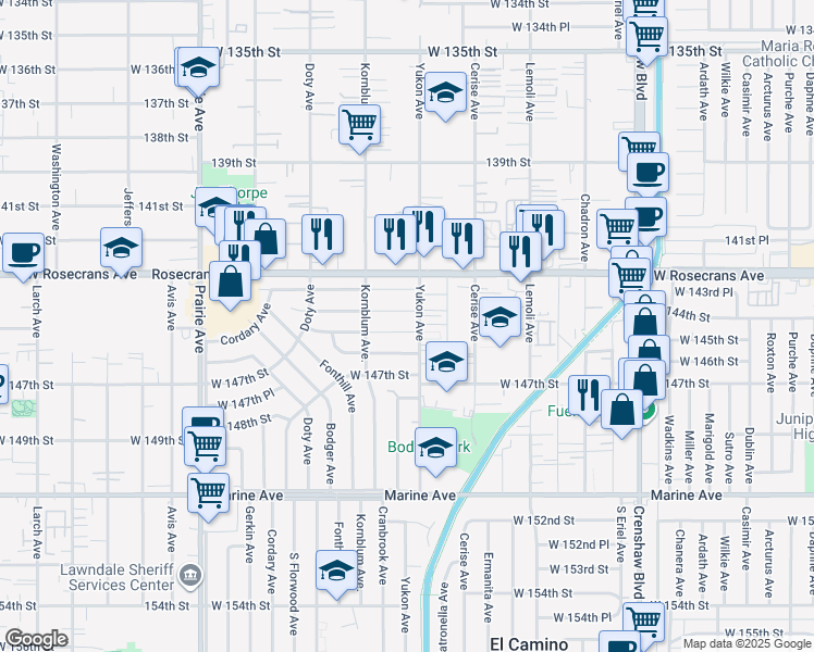 map of restaurants, bars, coffee shops, grocery stores, and more near 14510 Yukon Avenue in Hawthorne