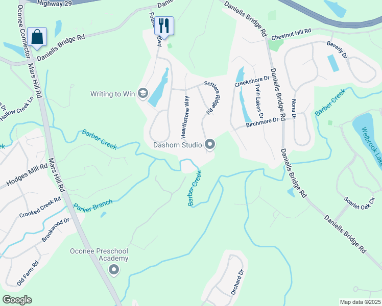 map of restaurants, bars, coffee shops, grocery stores, and more near 1031 Hearthstone Way in Athens