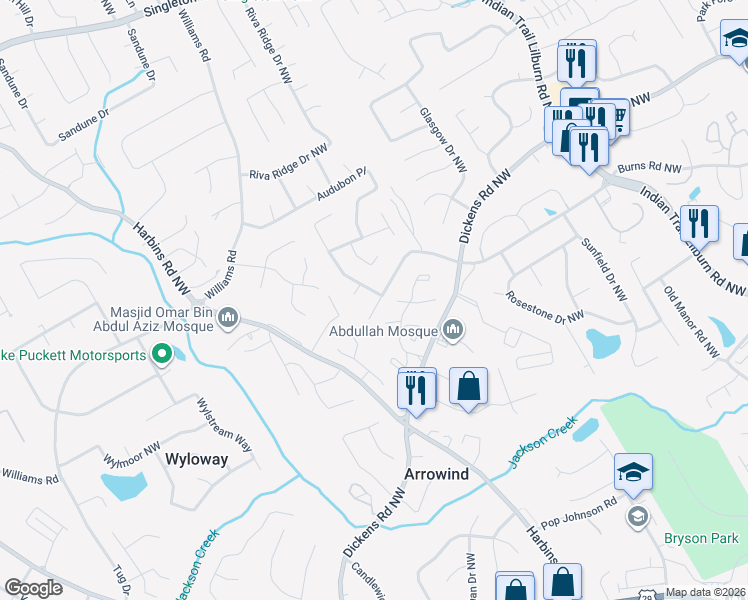 map of restaurants, bars, coffee shops, grocery stores, and more near 5318 Stafford Drive Northwest in Lilburn