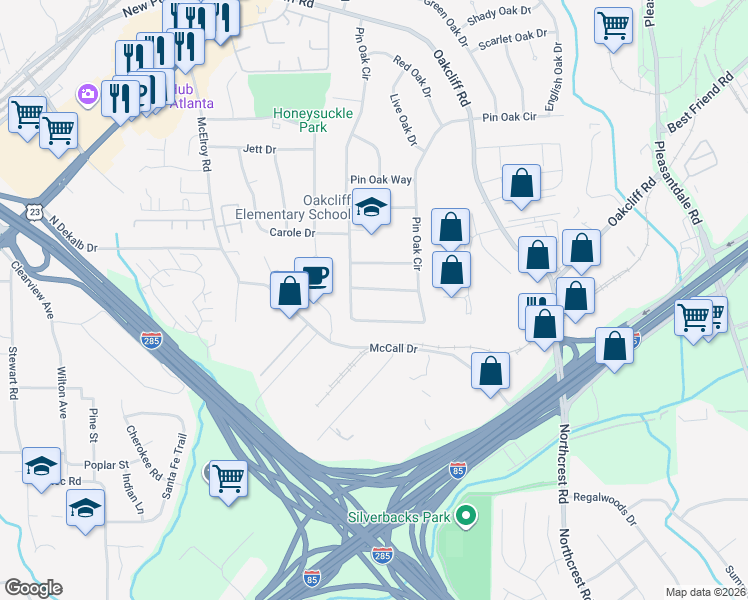 map of restaurants, bars, coffee shops, grocery stores, and more near 3679 Pin Oak Circle in Doraville