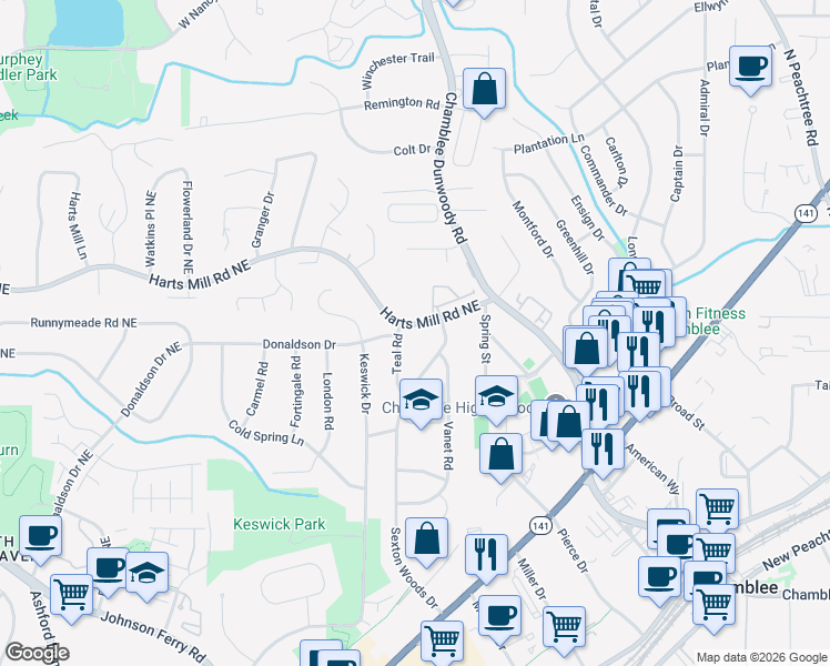 map of restaurants, bars, coffee shops, grocery stores, and more near 3696 Teal Road in Chamblee