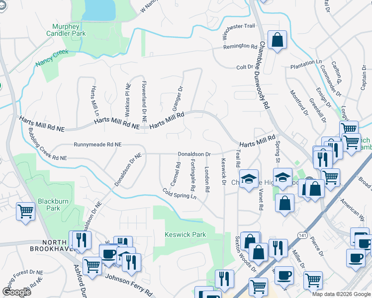map of restaurants, bars, coffee shops, grocery stores, and more near 3820 Donaldson Drive in Chamblee