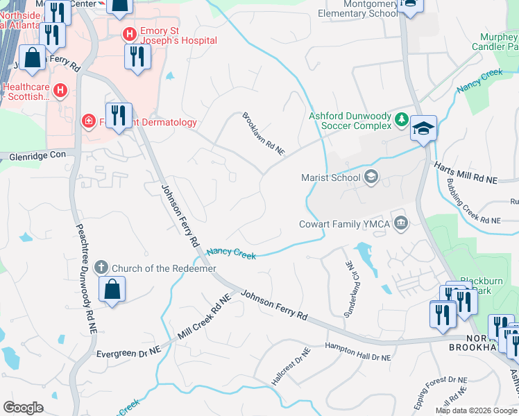 map of restaurants, bars, coffee shops, grocery stores, and more near 1064 West Nancy Creek Drive Northeast in Atlanta