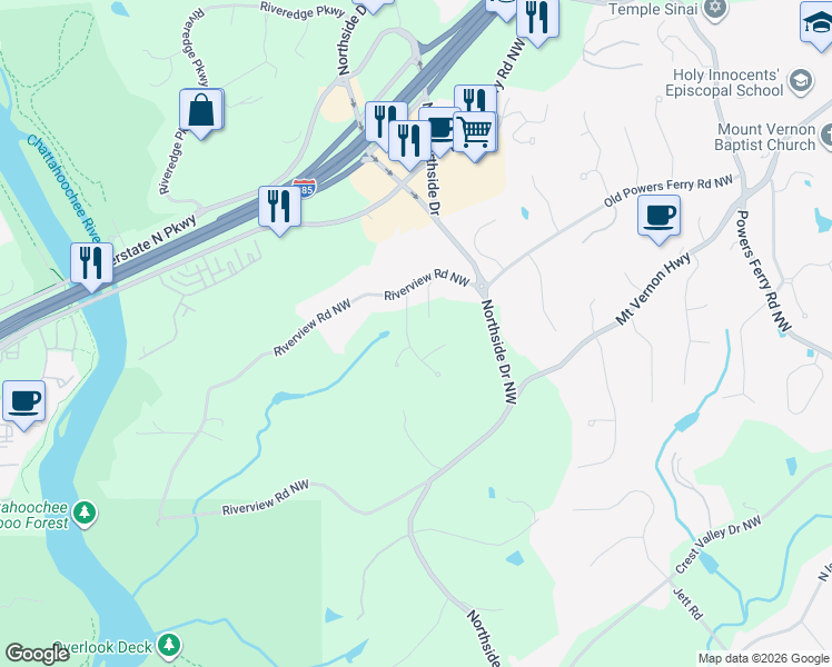 map of restaurants, bars, coffee shops, grocery stores, and more near 3 Ascot Manor Northwest in Atlanta