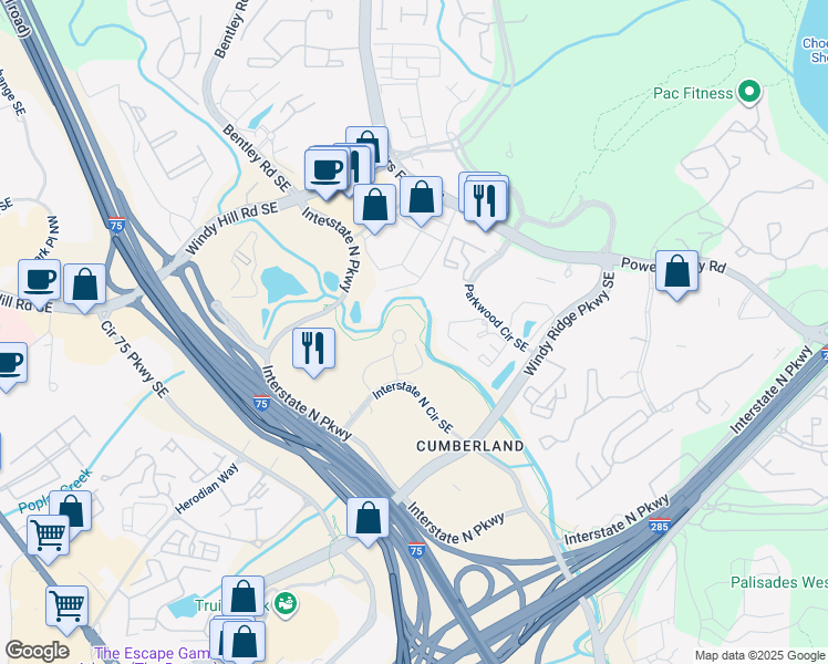 map of restaurants, bars, coffee shops, grocery stores, and more near 260 Interstate North Circle Southeast in Atlanta