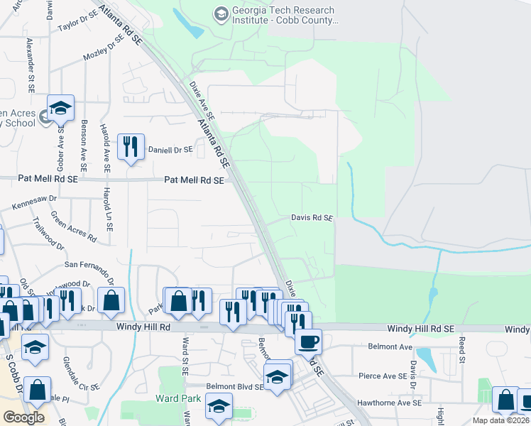 map of restaurants, bars, coffee shops, grocery stores, and more near 2159 Dixie Avenue Southeast in Smyrna