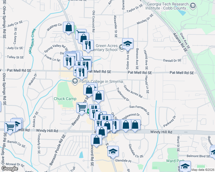 map of restaurants, bars, coffee shops, grocery stores, and more near 518 Kennesaw Drive in Smyrna