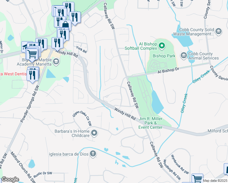 map of restaurants, bars, coffee shops, grocery stores, and more near 1177 Cumberland Creek Way Southwest in Marietta
