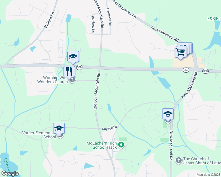 map of restaurants, bars, coffee shops, grocery stores, and more near 2219 Windermere Way in Powder Springs
