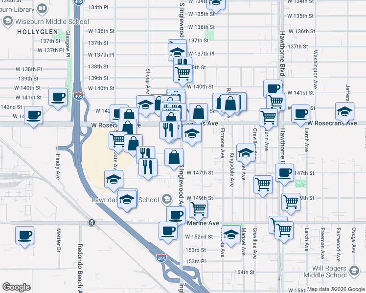 map of restaurants, bars, coffee shops, grocery stores, and more near 14654 Inglewood Avenue in Hawthorne