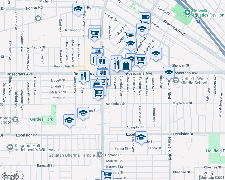 map of restaurants, bars, coffee shops, grocery stores, and more near 11842 Lindale Street in Norwalk