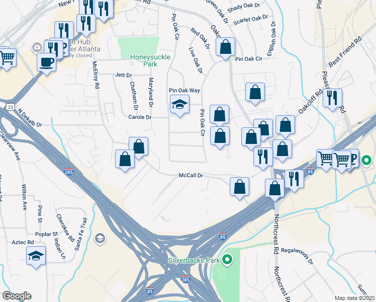 map of restaurants, bars, coffee shops, grocery stores, and more near 3179 Little John Way in Doraville