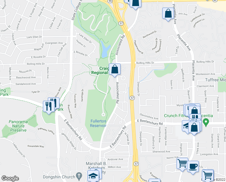 map of restaurants, bars, coffee shops, grocery stores, and more near 2740 Craig Circle in Fullerton