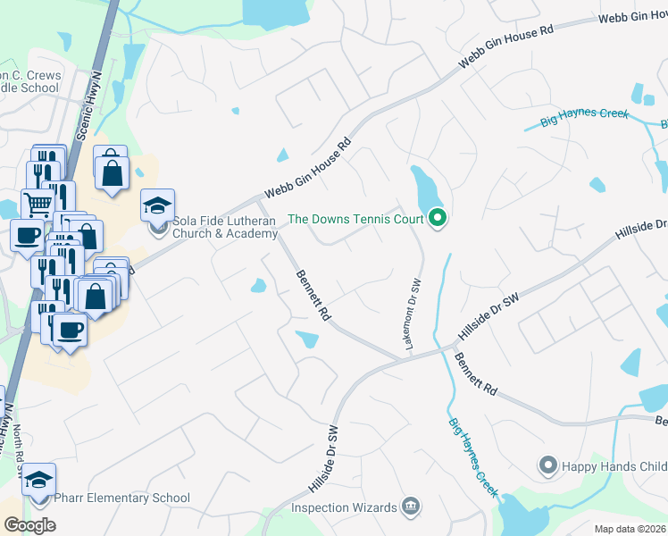 map of restaurants, bars, coffee shops, grocery stores, and more near 1250 Westwood Court Southwest in Grayson