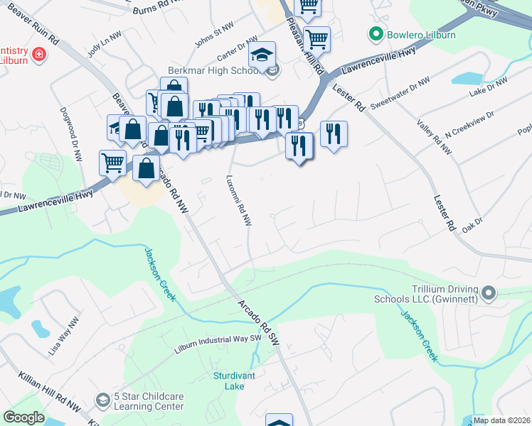 map of restaurants, bars, coffee shops, grocery stores, and more near 150 Tambec Trce Northwest in Lilburn