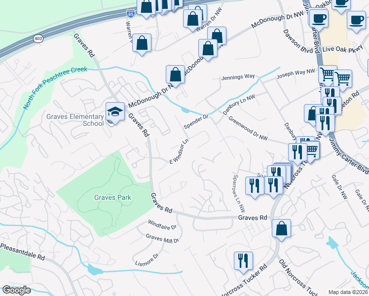 map of restaurants, bars, coffee shops, grocery stores, and more near 6530 East Windsor Lane in Norcross