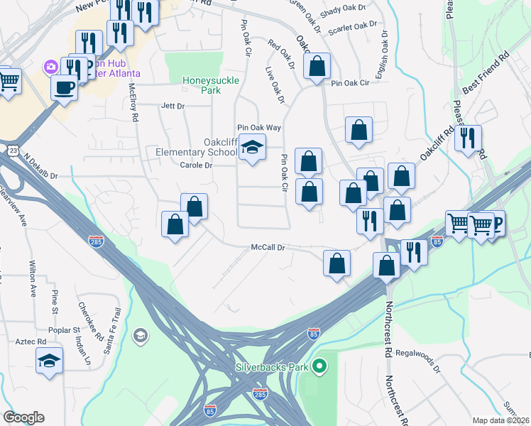 map of restaurants, bars, coffee shops, grocery stores, and more near 3179 Little John Way in Doraville