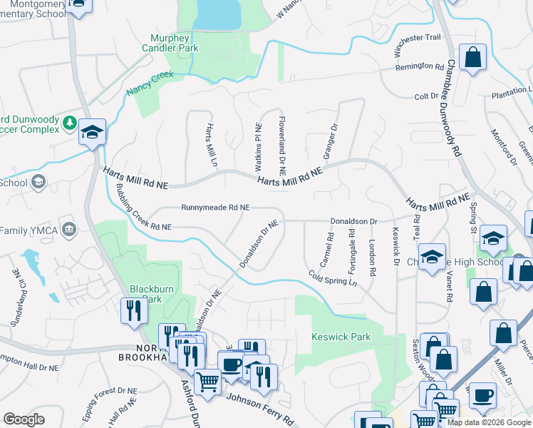 map of restaurants, bars, coffee shops, grocery stores, and more near 3718 Donaldson Drive in Atlanta