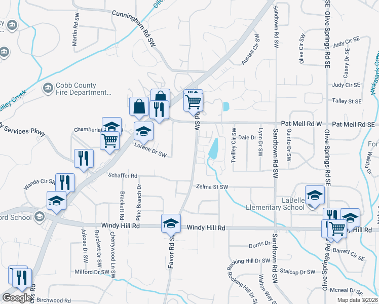 map of restaurants, bars, coffee shops, grocery stores, and more near 2202 Favor Road Southwest in Marietta