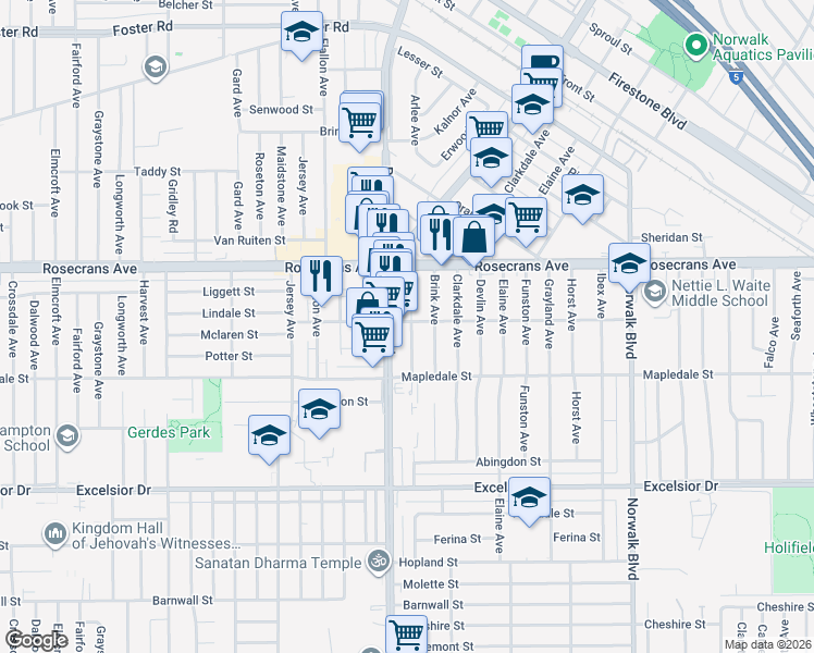 map of restaurants, bars, coffee shops, grocery stores, and more near 14403 Arlee Avenue in Norwalk