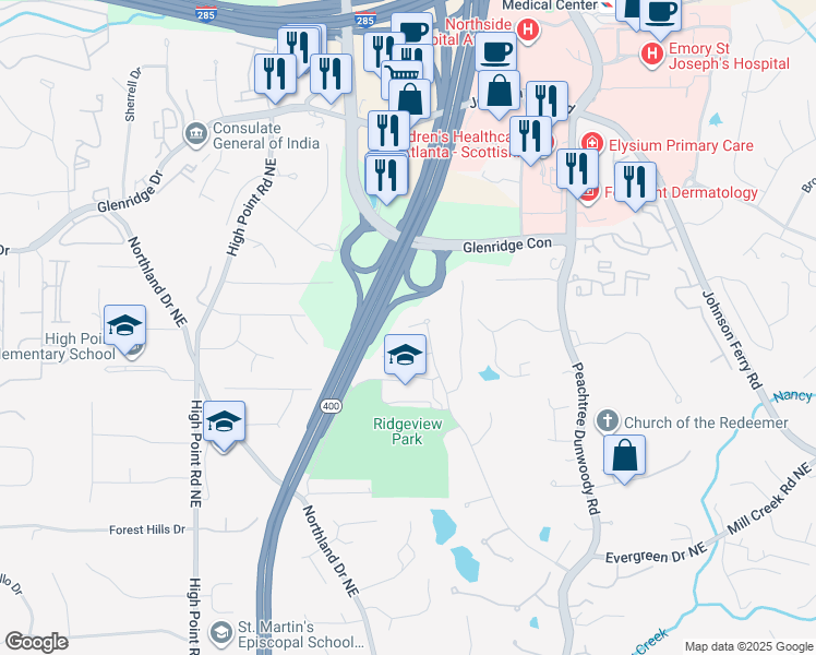 map of restaurants, bars, coffee shops, grocery stores, and more near 5340 South Trimble Road in Atlanta