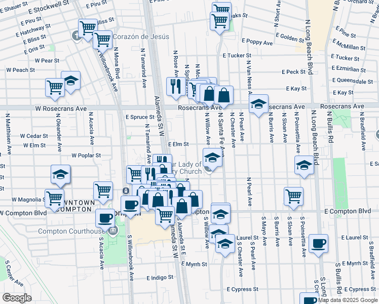 map of restaurants, bars, coffee shops, grocery stores, and more near in Compton