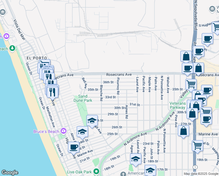 map of restaurants, bars, coffee shops, grocery stores, and more near 633 35th Street in Manhattan Beach