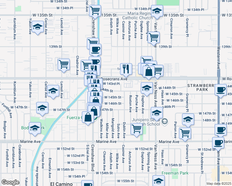 map of restaurants, bars, coffee shops, grocery stores, and more near 2623 West 145th Street in Gardena