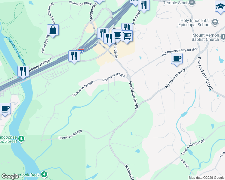map of restaurants, bars, coffee shops, grocery stores, and more near 3 Ascot Manor Northwest in Atlanta