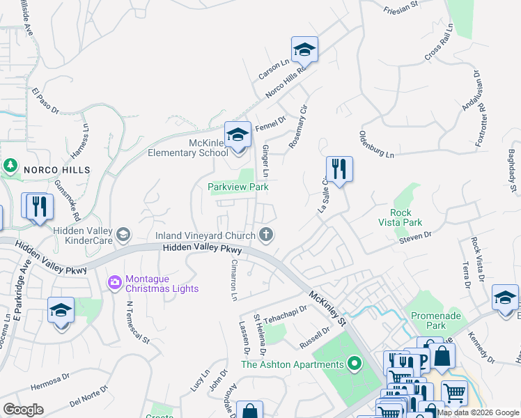map of restaurants, bars, coffee shops, grocery stores, and more near 1048 Explanada Street in Corona