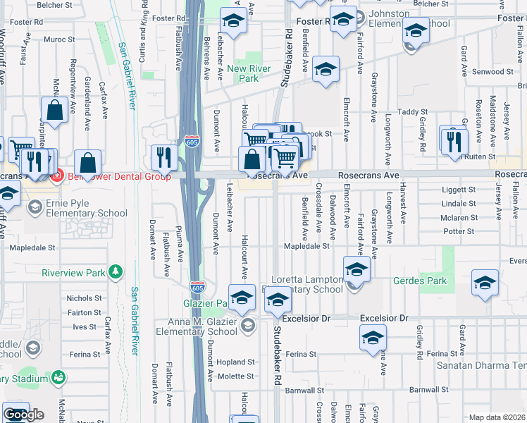 map of restaurants, bars, coffee shops, grocery stores, and more near 14434 Lefloss Avenue in Norwalk