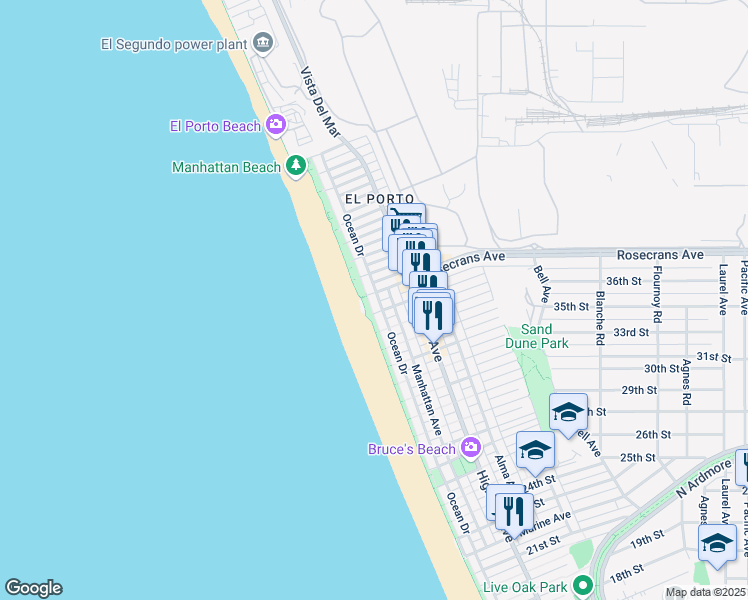 map of restaurants, bars, coffee shops, grocery stores, and more near 113 36th Street in Manhattan Beach