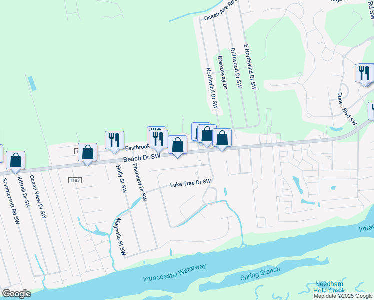 map of restaurants, bars, coffee shops, grocery stores, and more near 6720 Beach Drive Southwest in Ocean Isle Beach