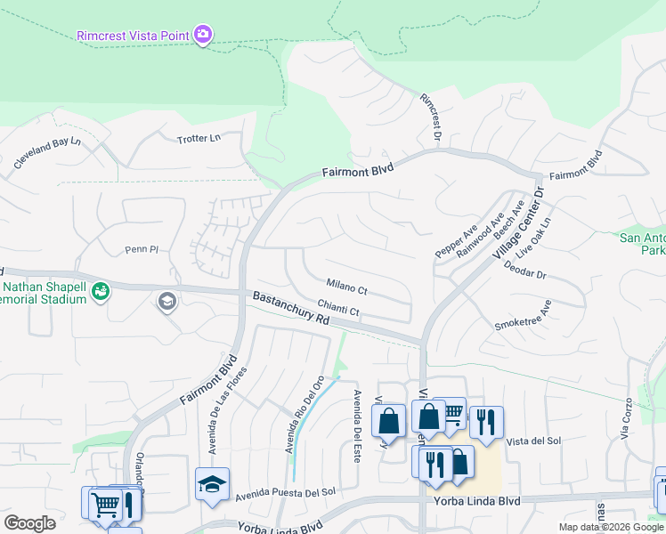 map of restaurants, bars, coffee shops, grocery stores, and more near 4173 Genoa Way in Yorba Linda