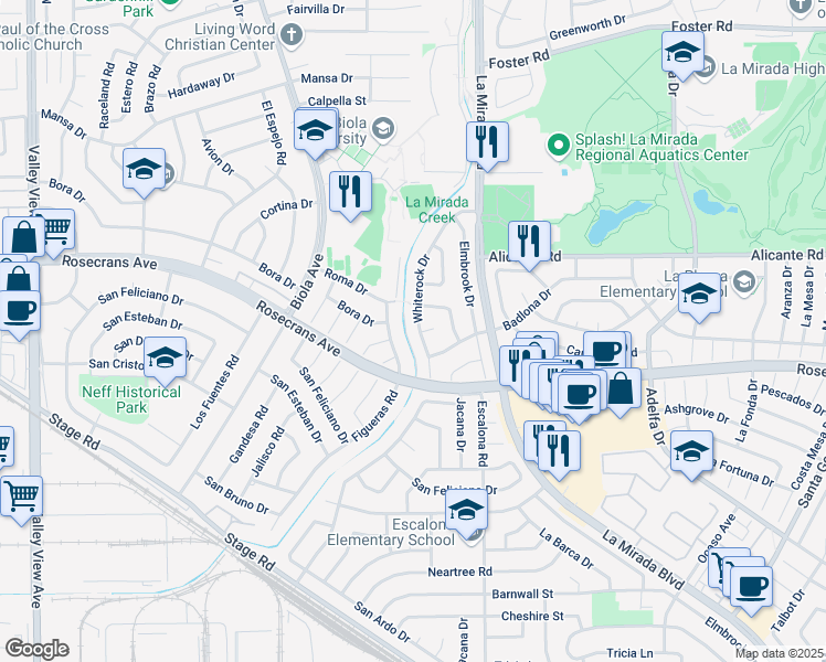 map of restaurants, bars, coffee shops, grocery stores, and more near 14304 Whiterock Drive in La Mirada