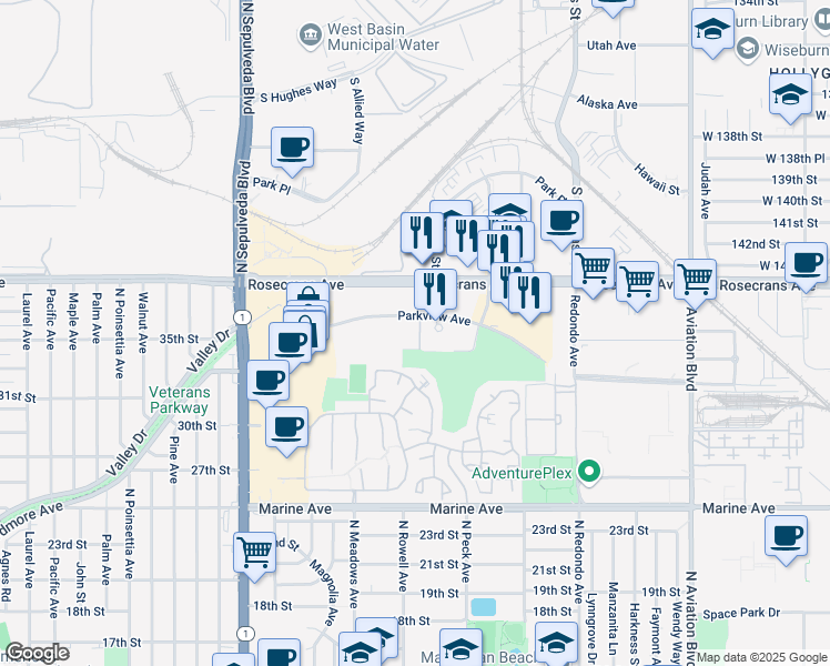 map of restaurants, bars, coffee shops, grocery stores, and more near 1500 Park Way in Manhattan Beach
