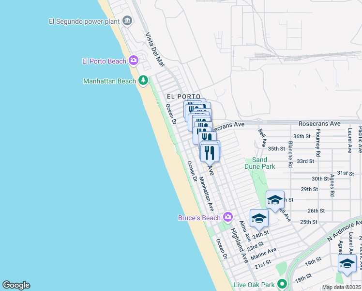 map of restaurants, bars, coffee shops, grocery stores, and more near Marvin Braude Bike Trail in Manhattan Beach
