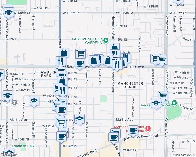 map of restaurants, bars, coffee shops, grocery stores, and more near 14501 Halldale Avenue in Gardena