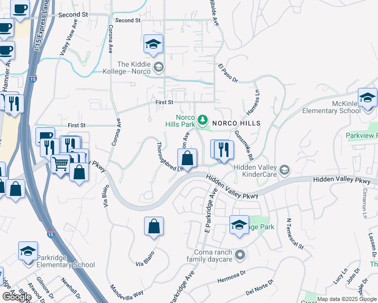 map of restaurants, bars, coffee shops, grocery stores, and more near 1260 Dodge City Place in Norco
