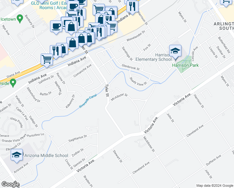 map of restaurants, bars, coffee shops, grocery stores, and more near 2957 McAllister Street in Riverside