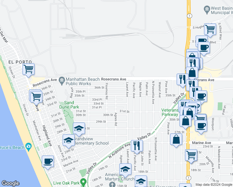 map of restaurants, bars, coffee shops, grocery stores, and more near 737 35th Street in Manhattan Beach