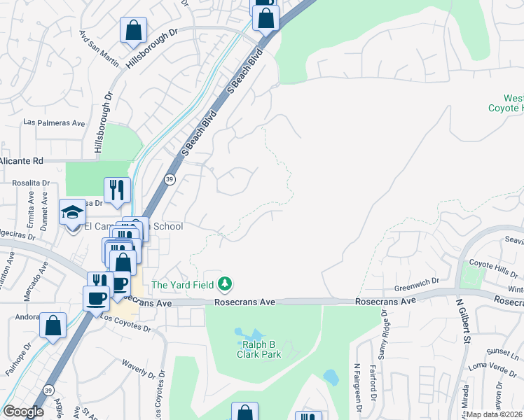 map of restaurants, bars, coffee shops, grocery stores, and more near 2833 Muir Trail Drive in Fullerton