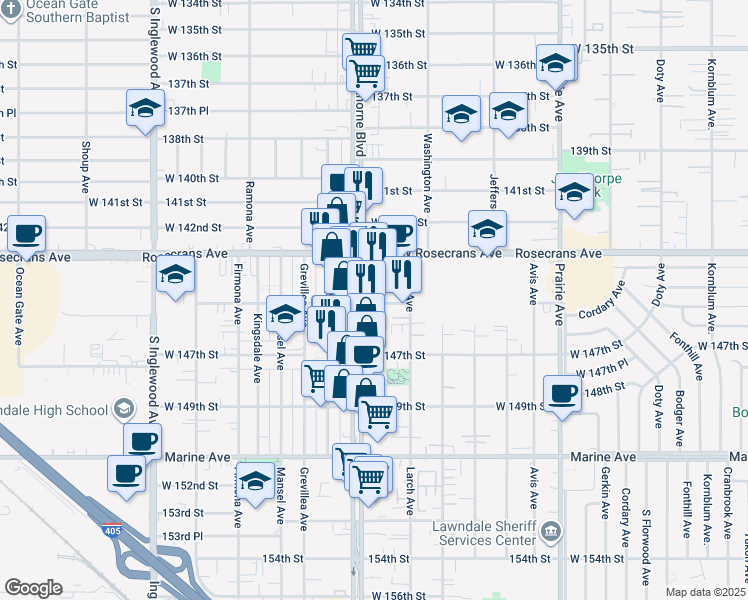 map of restaurants, bars, coffee shops, grocery stores, and more near 14428 Hawthorne Boulevard in Lawndale