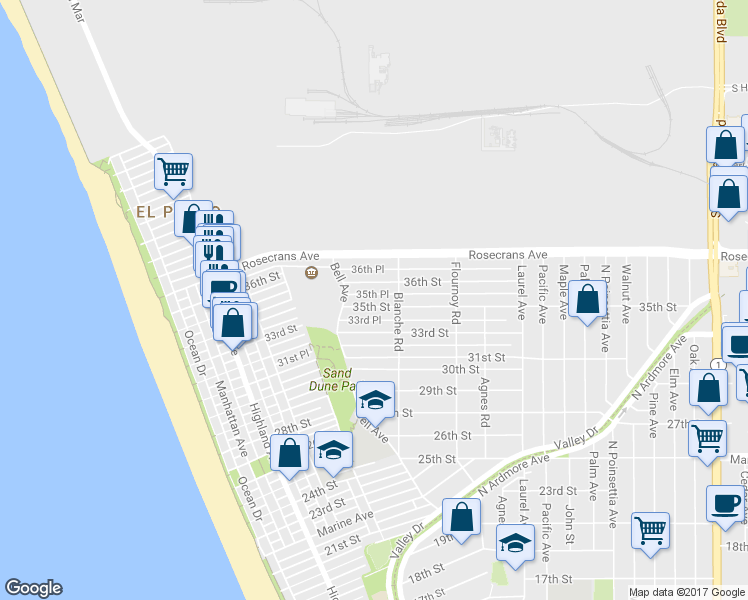 map of restaurants, bars, coffee shops, grocery stores, and more near 579 35th Street in Manhattan Beach