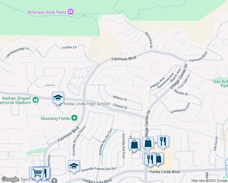 map of restaurants, bars, coffee shops, grocery stores, and more near 4169 Genoa Way in Yorba Linda