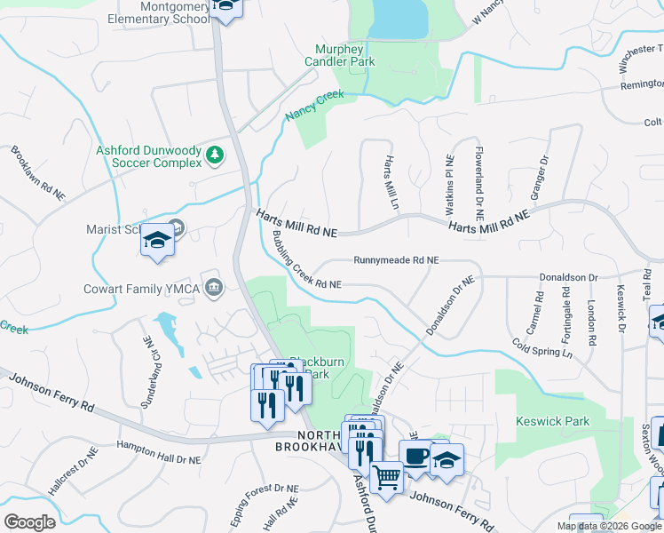map of restaurants, bars, coffee shops, grocery stores, and more near 1490 Bubbling Creek Road Northeast in Atlanta