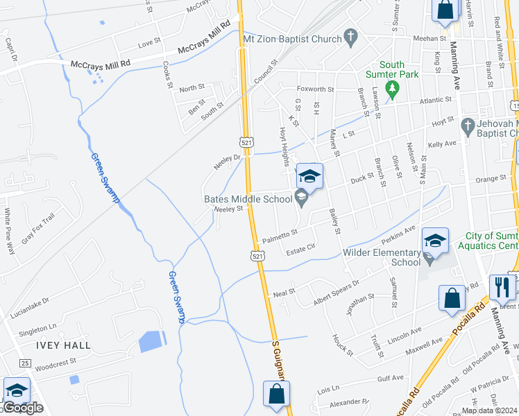 map of restaurants, bars, coffee shops, grocery stores, and more near 711 South Guignard Drive in Sumter