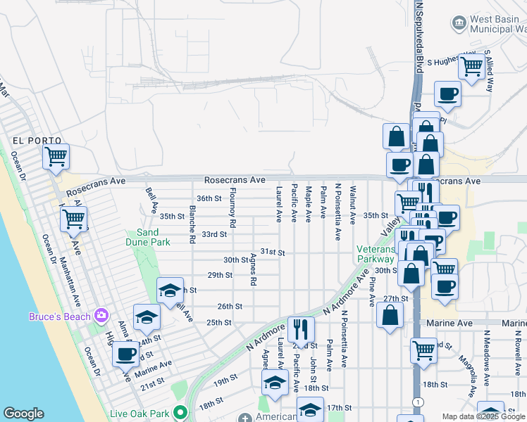 map of restaurants, bars, coffee shops, grocery stores, and more near 745 35th Street in Manhattan Beach
